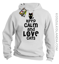 Keep calm and Love Cats Czarny Kot Filuś - Bluza męska z kapturem biała 