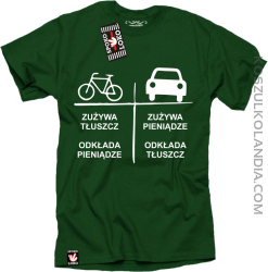 Auto-Rower Zużywa tłuszcz odkłada pieniądze- koszulka męska zielona 