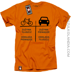 Auto-Rower Zużywa tłuszcz odkłada pieniądze- koszulka męska pomarańczowa 
