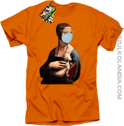 Dama z Gronostajem w okresie pandemii koronawirusa - koszulka męska pomarańczowa
