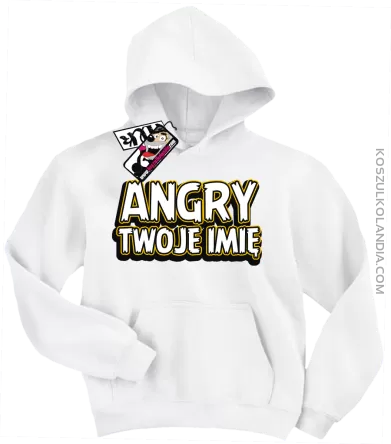 Angry + Twoje imię - bluza dziecięca z kapturem - biały