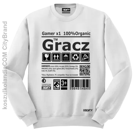 Gracz GAMER - bluza bez kaptura STANDARD męska BIAŁA