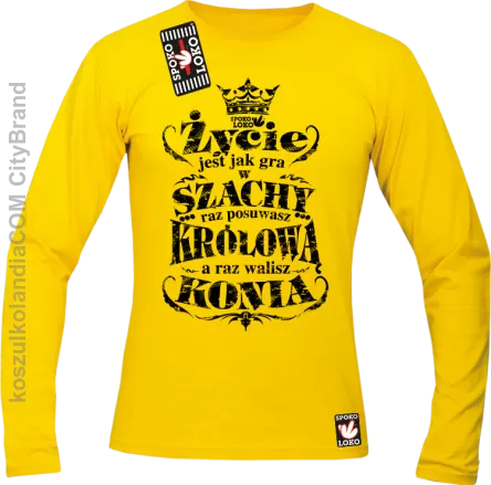 Życie jest jak gra w szachy raz posuwasz królową a raz walisz konia - Longsleeve męski żółta 