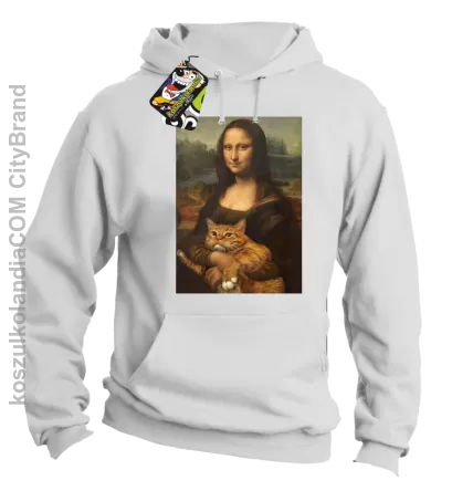 Mona Lisa z kotem - Bluza męska z kapturem biała 