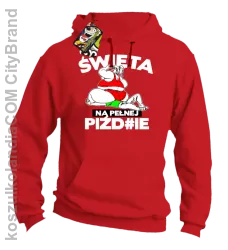 Święta na pełnej Piź#zie - Bluza męska z kapturem czerwona 