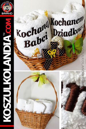 KOSZ dekoracyjny GRAND zestaw ręczników  2x50x100cm z haftem - Kochanej Babci - Kochanemu Dziadkowi
