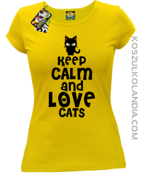 Keep calm and Love Cats Czarny Kot Filuś - Koszulka damska żółta 