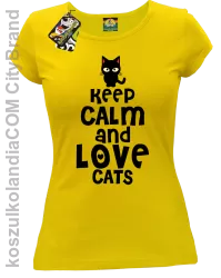 Keep calm and Love Cats Czarny Kot Filuś - Koszulka damska żółta 