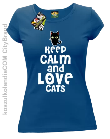 Keep calm and Love Cats Czarny Kot Filuś - Koszulka damska niebieska 