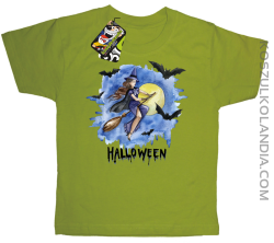 Halloween Latająca Czarodziejka na miotle - koszulka dziecięca kiwi