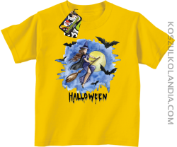 Halloween Latająca Czarodziejka na miotle - koszulka dziecięca żółta