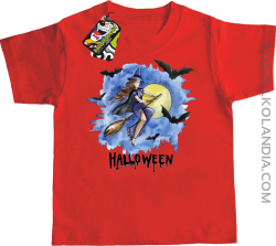 Halloween Latająca Czarodziejka na miotle - koszulka dziecięca czerwona