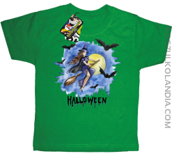 Halloween Latająca Czarodziejka na miotle - koszulka dziecięca zielona
