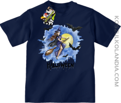 Halloween Latająca Czarodziejka na miotle - koszulka dziecięca granatowa