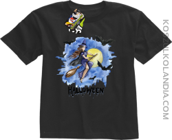 Halloween Latająca Czarodziejka na miotle - koszulka dziecięca czarna