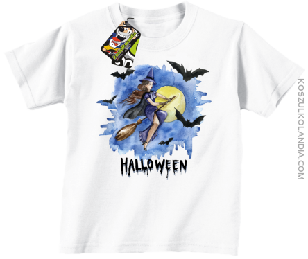 Halloween Latająca Czarodziejka na miotle - koszulka dziecięca biała