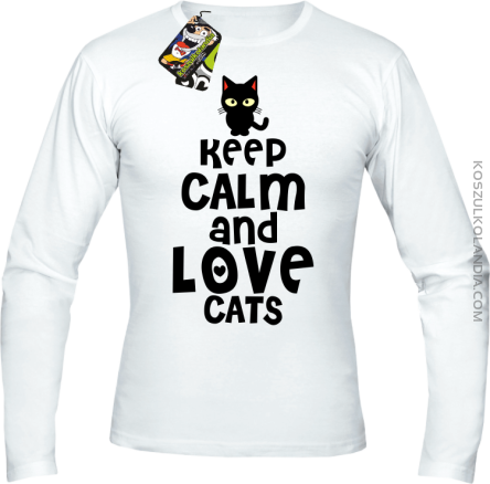 Keep calm and Love Cats Czarny Kot Filuś - Longsleeve męski biały 