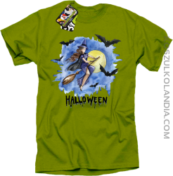 Halloween Latająca Czarodziejka na miotle - koszulka męska kiwi
