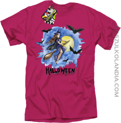 Halloween Latająca Czarodziejka na miotle - koszulka męska fuksja