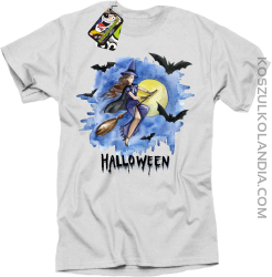 Halloween Latająca Czarodziejka na miotle - koszulka męska biała