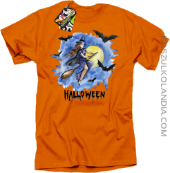 Halloween Latająca Czarodziejka na miotle - koszulka męska pomarańczowa