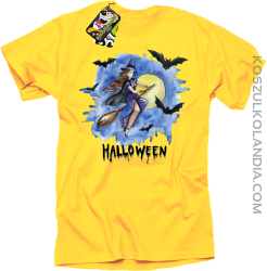 Halloween Latająca Czarodziejka na miotle - koszulka męska żółta