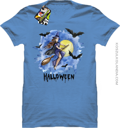Halloween Latająca Czarodziejka na miotle - koszulka męska błękitna