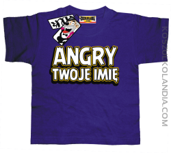 Angry + Twoje imię - koszulka dziecięca z nadrukiem - fioletowy