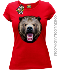 Miś Grizzly Real Foto - Koszulka Damska - Czerwony