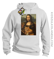 Mona Lisa z kotem - Bluza męska z kapturem biała 