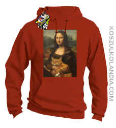 Mona Lisa z kotem - Bluza męska z kapturem pomarańczowa 