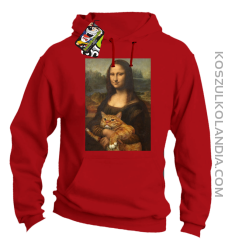 Mona Lisa z kotem - Bluza męska z kapturem czerwona 
