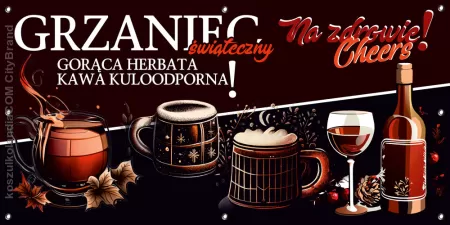 BANER reklamowy 2x1m GRZANIEC ŚWIĄTECZNY - Gorąca herbata - Kawa kuloodporna - Na zdrowie Cheers!