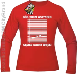 Bóg widzi wszystko Sąsiad nawet więcej - longsleeve męski - Czerwony